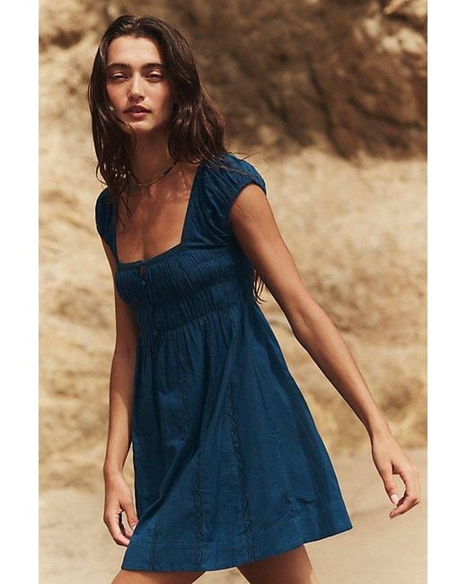 free-est Blue Nina Babydoll Cotton-Linen Mini Dress By