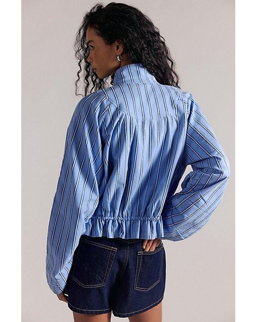 Free People Blue Devon Striped Balloon Funnel-Neck Jacket
