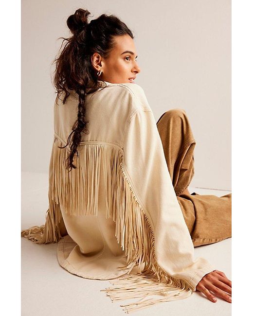 Free People Natural Fringe Out Denim Jacket At In Ecru, Size: Small