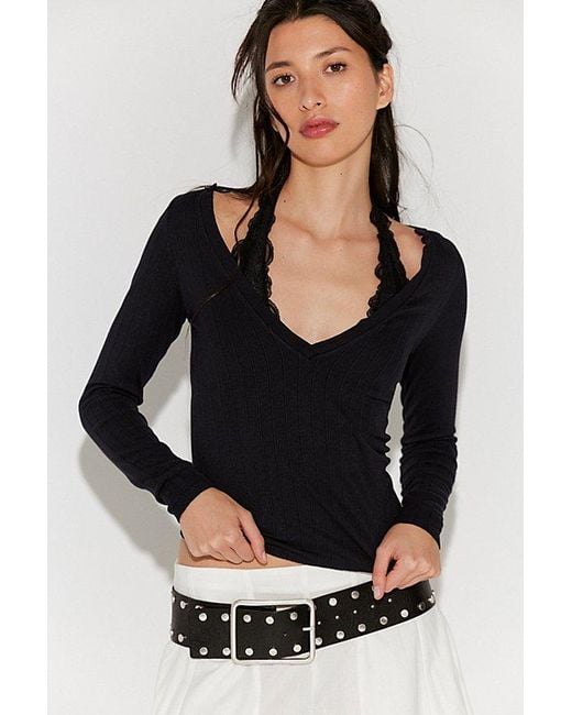 Free People Black So Soft Seamless V-Neck Long Sleeve