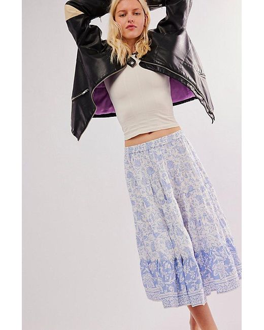 Free People Multicolor In Full Swing Printed Midi Skirt At In Blue Heron Combo, Size: Xs