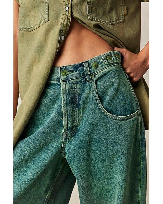 Free People Green Electric Feels Dropped Wide-leg Jeans At Free People In Shockwave, Size: 28