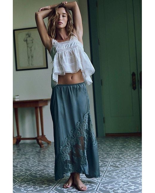 Free People Green Parisian Nights Maxi Slip Skirt