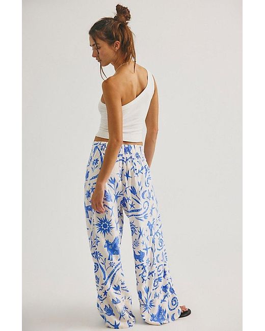 Free People Blue Day's End Linen Printed Pull-On Pants