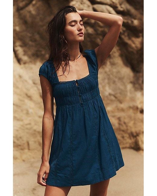 free-est Blue Nina Babydoll Cotton-Linen Mini Dress By