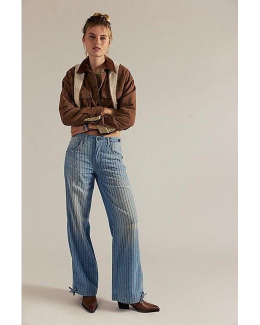 Free People Blue Don'T Wait Up Pinstripe Boyfriend Jeans