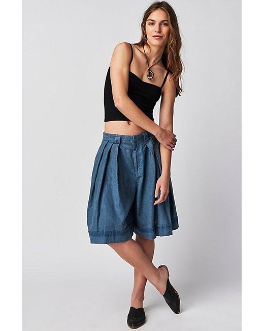 Free People Blue What It's Worth Pleated Shorts