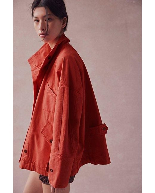 Free People Red Collins Washed Canvas Funnel-Neck Jacket