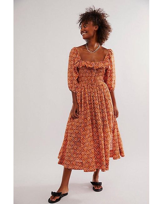 Free People Orange Oasis Printed Midi Dress