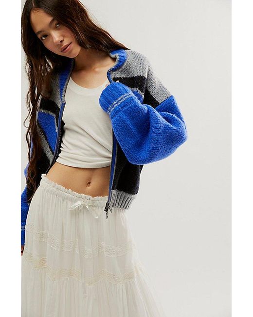 Free People Blue Lucky Sweater Bomber At In Cobalt Slate Combo, Size: Small