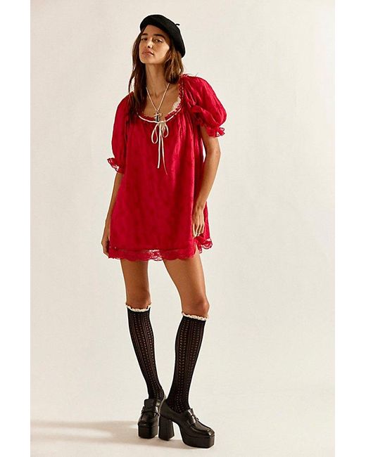 knee length dresses for ladies Free People Red Floral Mini Dress with Lace Trim, Open Back and Balloo –  The Thrifty Hippy main image 0