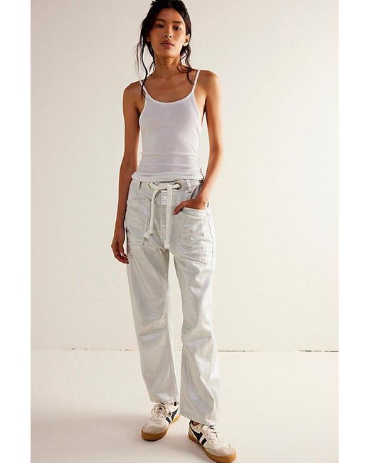 Free People Natural Moxie Metallic Low-slung Barrel Jeans At Free People In Pinball, Size: 27
