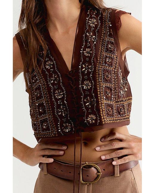 Free People Brown Sun Kissed Embellished Vest Jacket