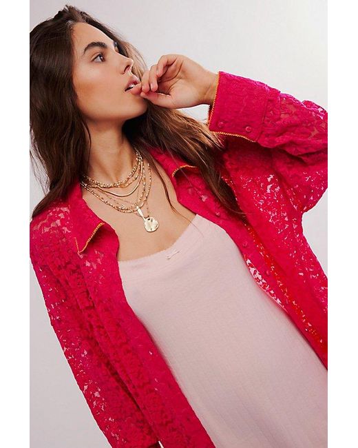 Free People Red All Day Lace House Shirt