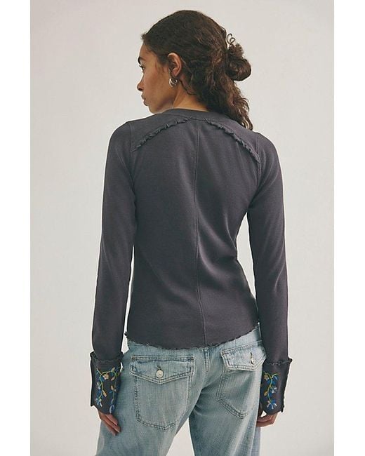 Free People Blue Fleur Embroidered Cuff Henley