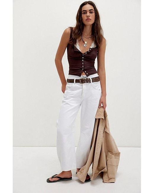 Free People White Good Luck Mid-Rise Barrel Jeans