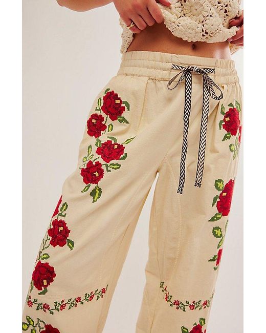 Free People Natural Rosalia Embroidered Pull-on Pants