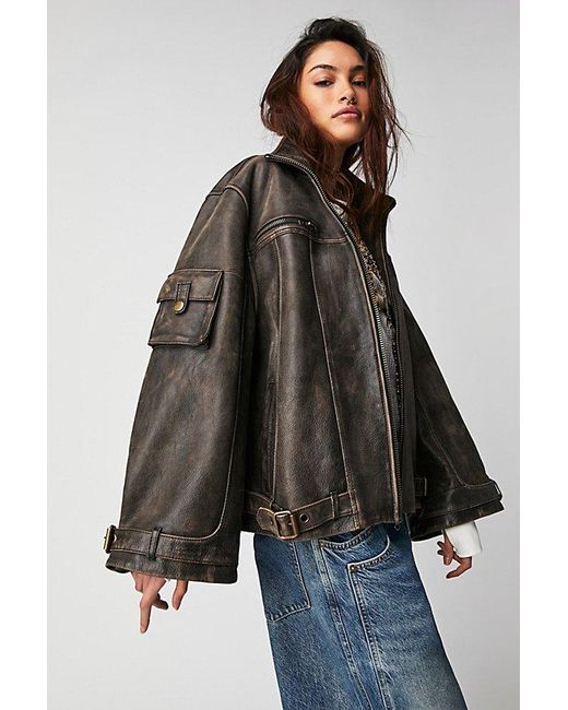 Free People Skyline Leather Jacket At Free People In Washed Black, Size: Small