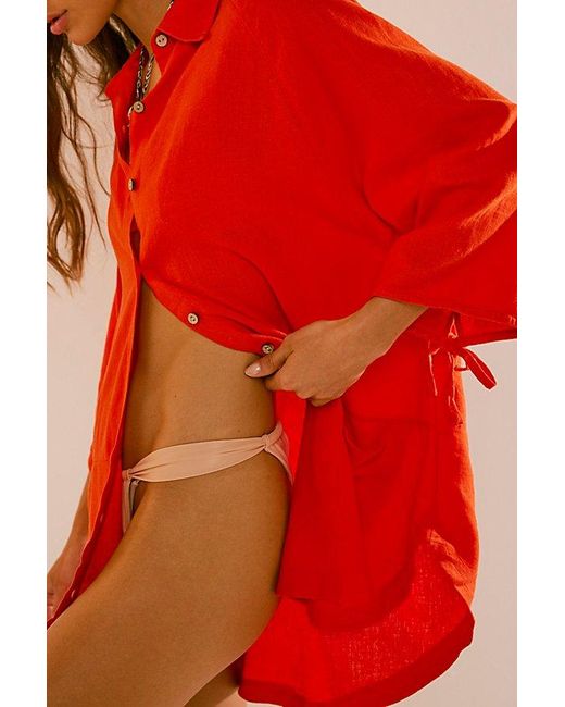 Free People Red Take Me With You Linen Shirt