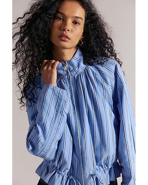 Free People Blue Devon Striped Balloon Funnel-Neck Jacket
