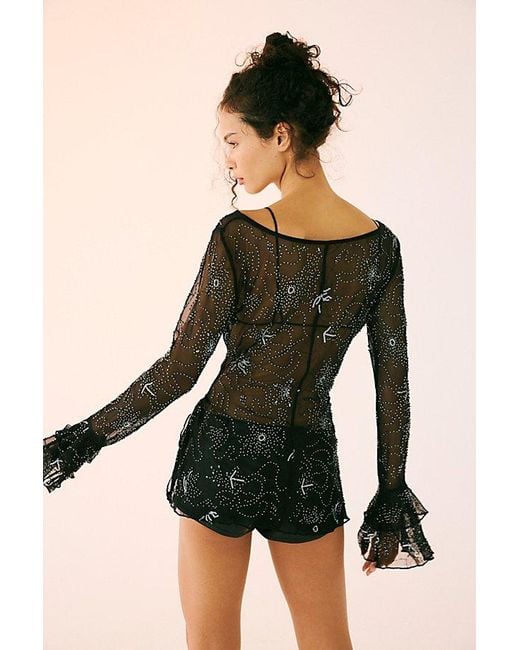 Free People Black One Night Out Long Sleeve Embellished Top