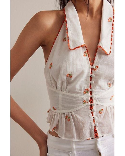 Free People White May Embroidered Halter Top
