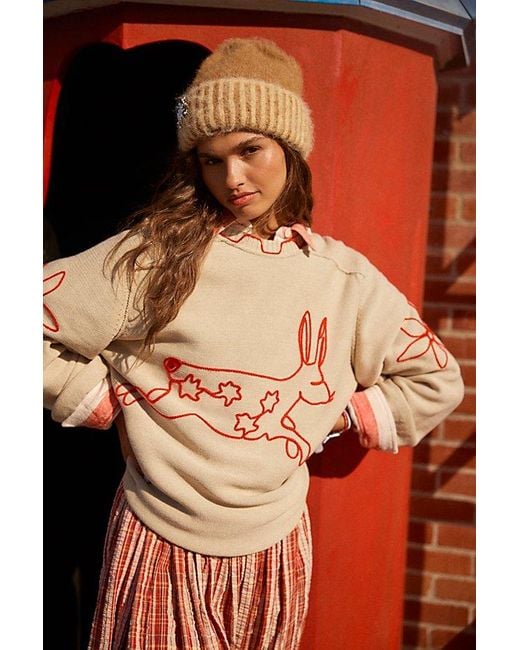 Free People Orange Graphic Crewneck Sweater