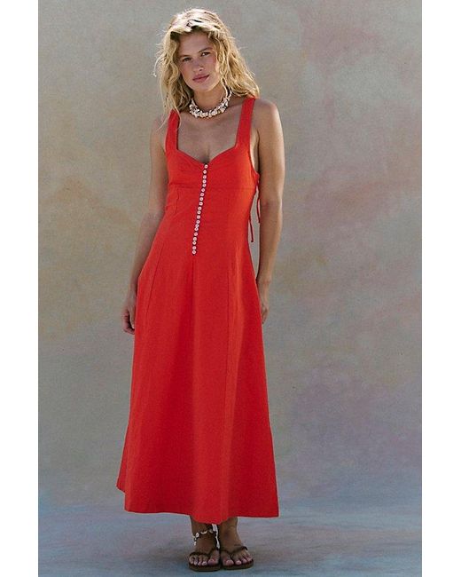 free-est Red Holland Stretch Linen Midi Dress By