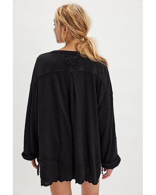 Free People Black Cotton-Linen Henley Tee