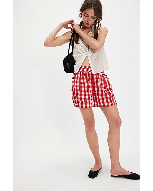 Free People Red Get Free Seersucker Pull-On Shorts