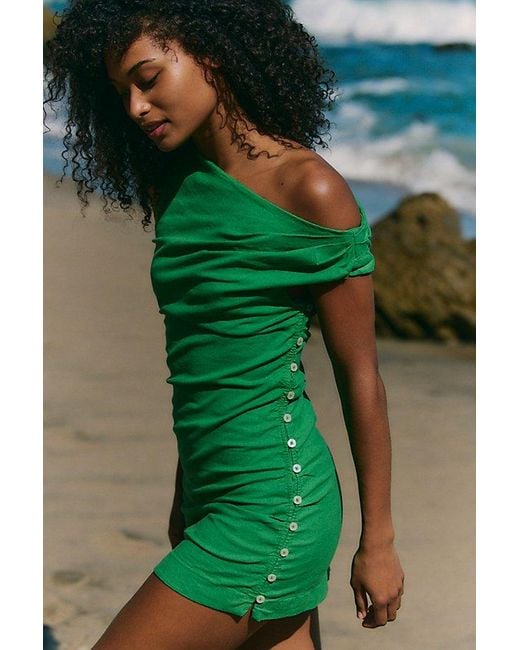 free-est Green So Far Summer Stretch Linen Mini Dress By