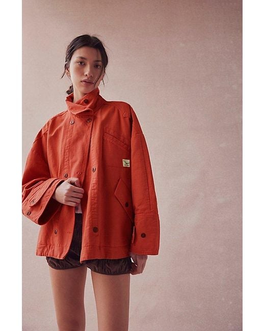 Free People Red Collins Washed Canvas Funnel-Neck Jacket