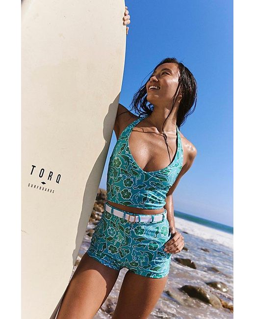 Inner Relm Blue Smiletown Long Crop Surf Top