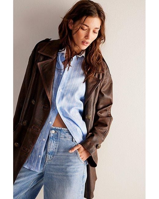 Free People Blue Top Notch Leather Pea Coat Jacket At Free People In Washed Brown, Size: Medium