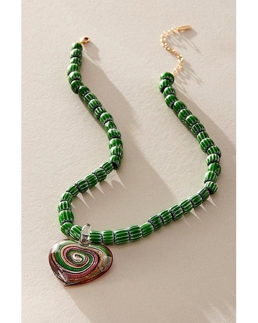 Free People Green Beaded Glass Pendant Necklace