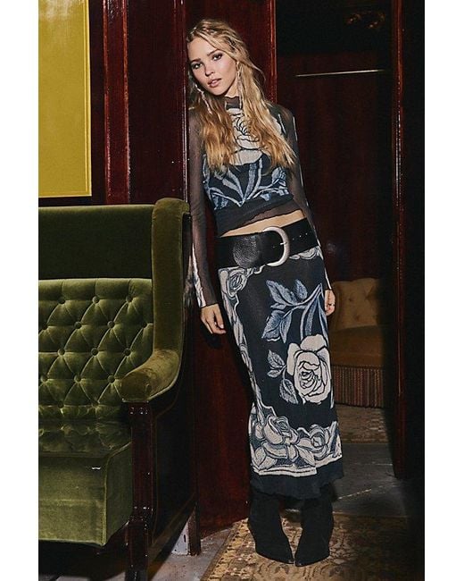 Free People Black The Shadow Printed Midi Skirt Set
