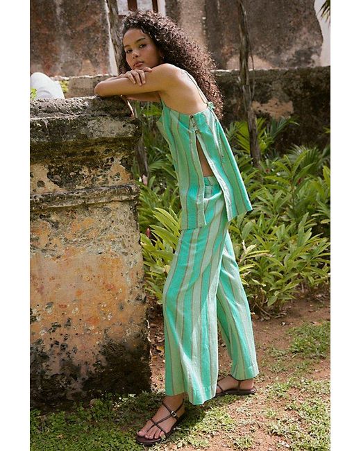 free-est Green Sightseer Linen Striped Pant Set By