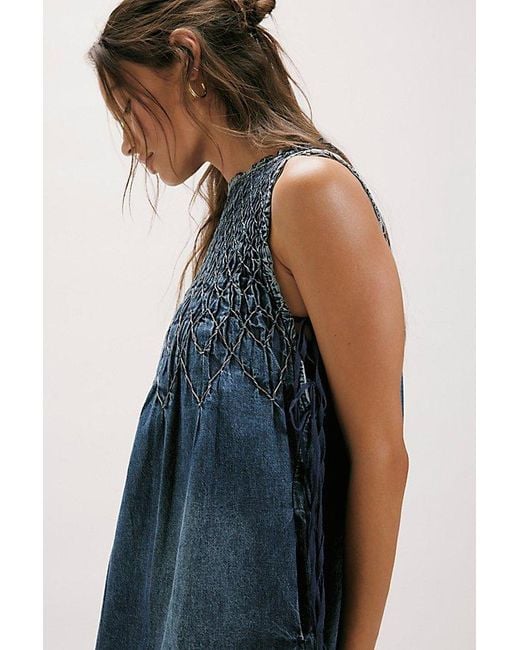 Free People Blue Maisie Smocked Denim Mini Dress