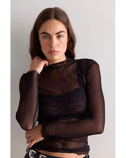 Only Hearts Black Tulle Purled Mock Neck Top