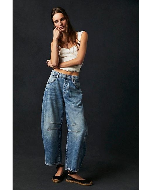 Free People Black Good Luck Mid-rise Barrel Jeans At Free People In Ultra Light Beam, Size: 24