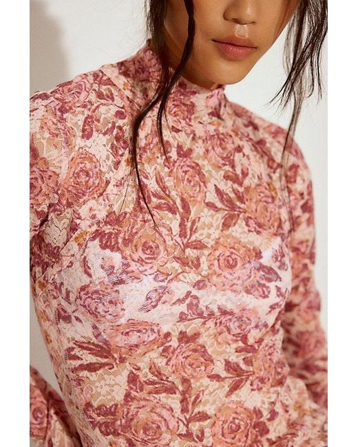 Free People Red Lyric Sheer Lace Long Sleeve Turtleneck Top