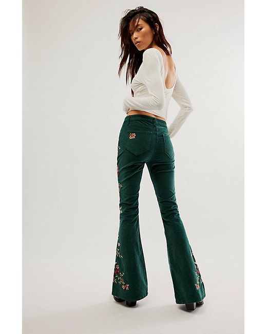 Free People Driftwood Farrah Embroidered Cord Flare Jeans in Green | Lyst