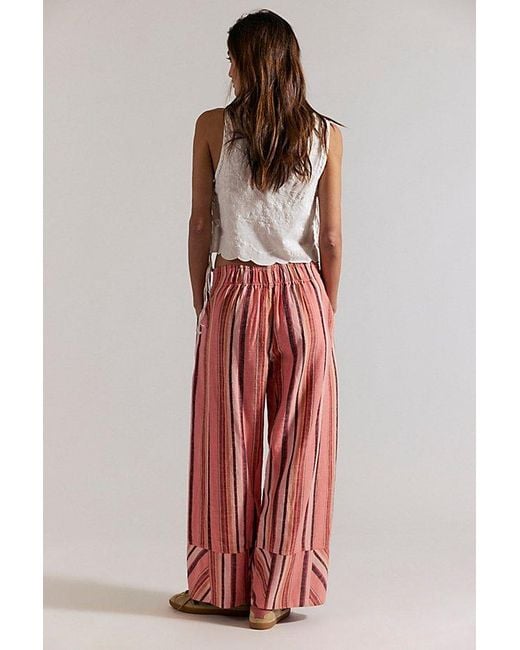 Free People Red Day's End Linen Striped Pull-On Pants