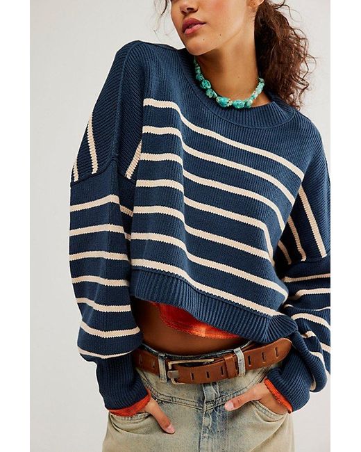 Free People Blue Easy Street Stripe Crop Pullover At In Storm Shell Combo, Size: Xs