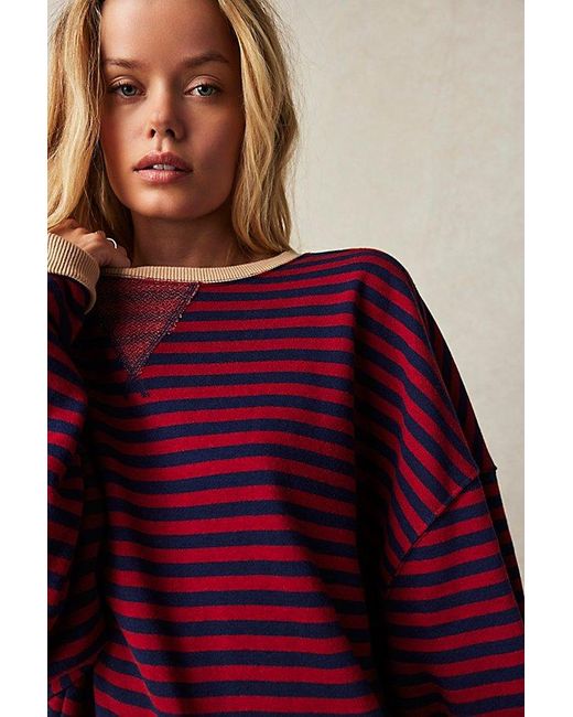 Free People Red Classic Striped Oversized Crewneck At In Nautical Combo, Size: Large