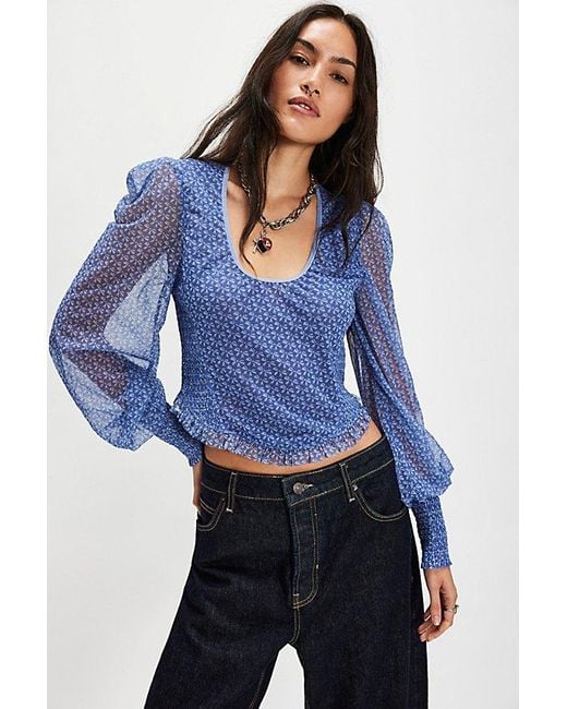 Free People Blue Dottie Printed Long Sleeve Knit Top