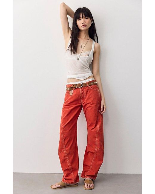 Free People Red We The Free Fable Washed Cord Low-Rise Twisted Bowed Jeans