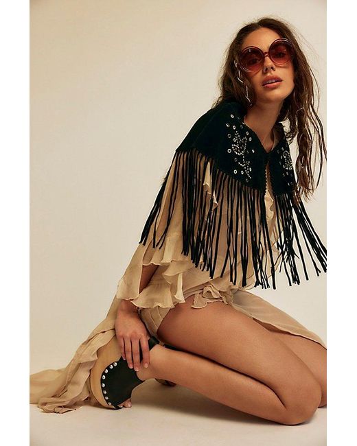 Free People Brown Lights Out Embellished Suede Cape