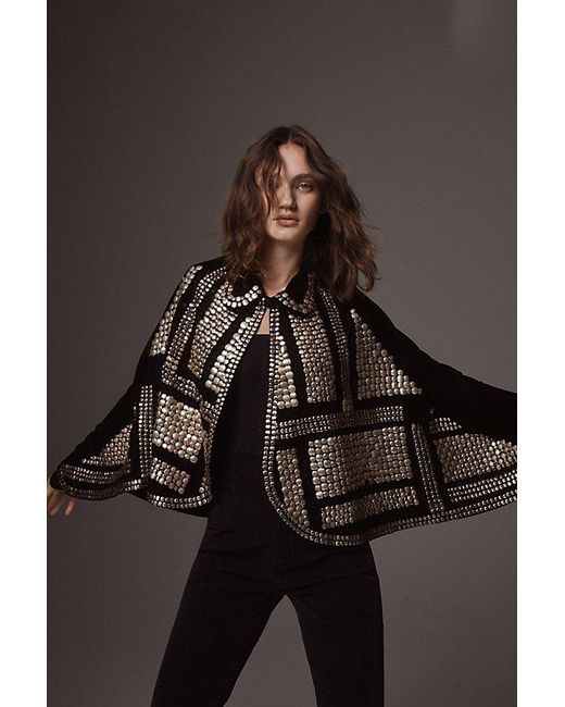 Free People Black Rock Star Embellished Velvet Cape Top