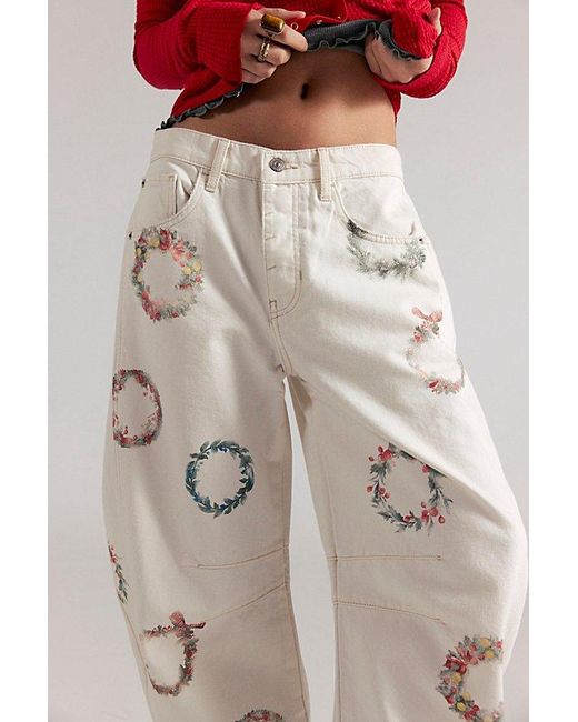 Free People Red Good Luck Printed Barrel Jeans